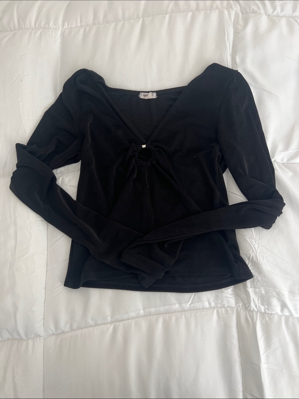 Garage Black Long Sleeve V-Neck Top with Ring Detail and Slit